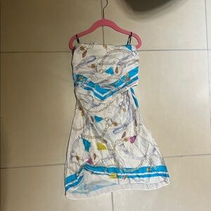 White Strapless Dress with Blue and Gold Accents